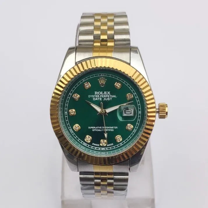 Two-tone Rolex watch with green dial and gold accents on a white background