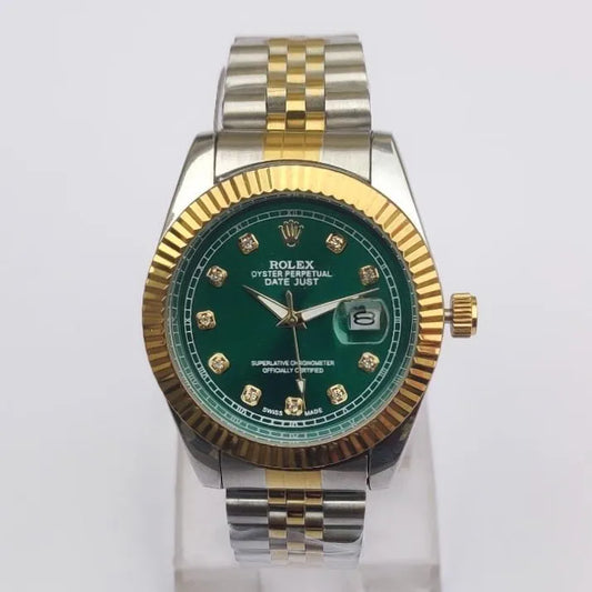 Two-tone Rolex watch with green dial and gold accents on a white background